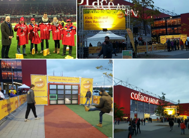 W-com organisiert für Entega Sponsor of the Day beim Spiel Mainz gegen Dortmund. Auf dem Bild die glücklichen Gewinner mit handsignierten Trikots sowie die Aktionsfläche von Entega direkt vor der Coface-Arena.